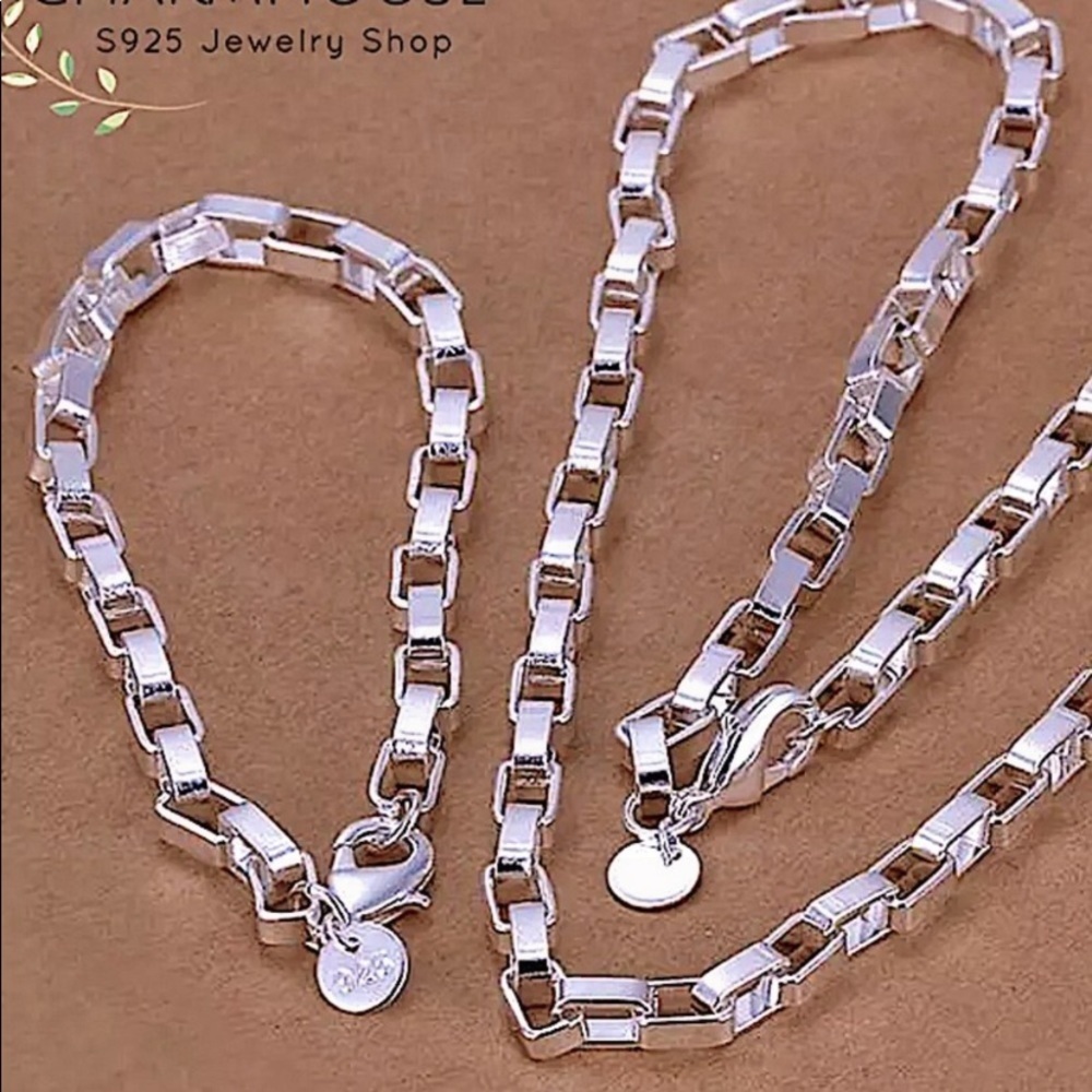 STERLING SILVER BOX CHAIN LINK MATCHING NECKLACE BRACELET SET